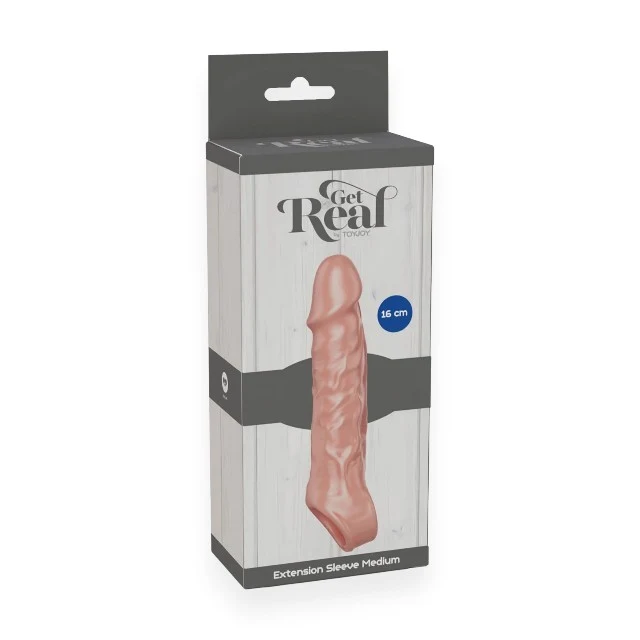 Manșon pentru penis Get Real by TOY JOY, cu inel pentru penis, lungime 16 cm, din material moale TPE, culoarea pielii