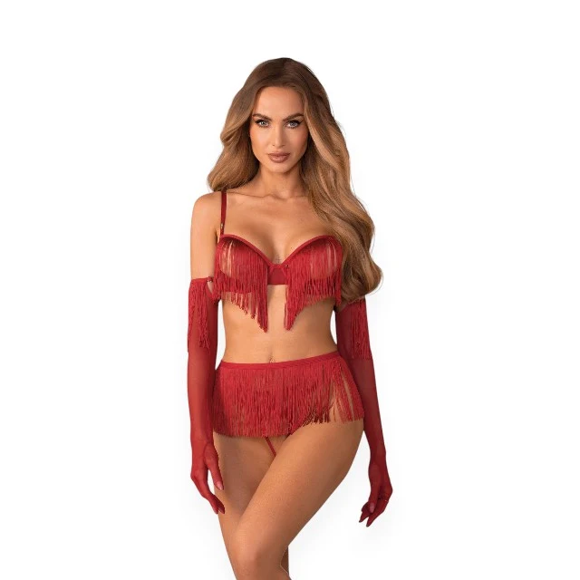 Lenjerie sexy 4 piese OBSESSIVE Rossay Red, sutien cu ciucuri fără cupe, tanga crotchless, mănuși cu ciucuri și curea decorativă, culoare roșu, mărime L/XL