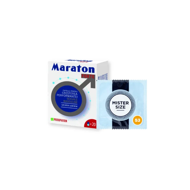 Pachet pentru bărbați: Capsule afrodisiace MARATON FORTE, 20 buc + Prezervativ ultra-subțire MISTER SIZE 53, 1 buc