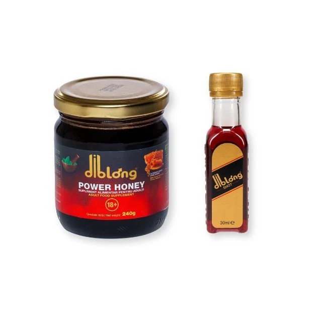 Pachet pentru cupluri: Supliment alimentar cu miere DIBLONG Power Honey, 240g, 1 buc + Supliment alimentar DIBLONG Energy Shot, 1 buc