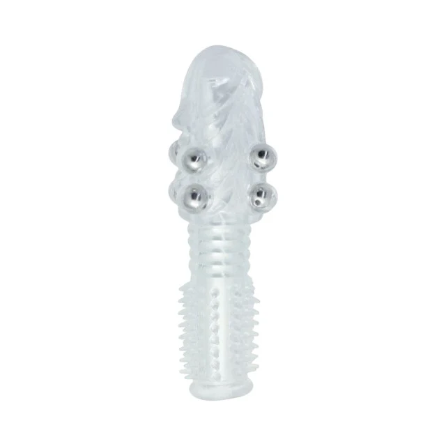 Manșon pentru penis TOYZ4LOVERS Stretchy Penis, texturat, cu bile de metal, din TPE, lungime 13.5 cm, diametru 2 cm, transparent