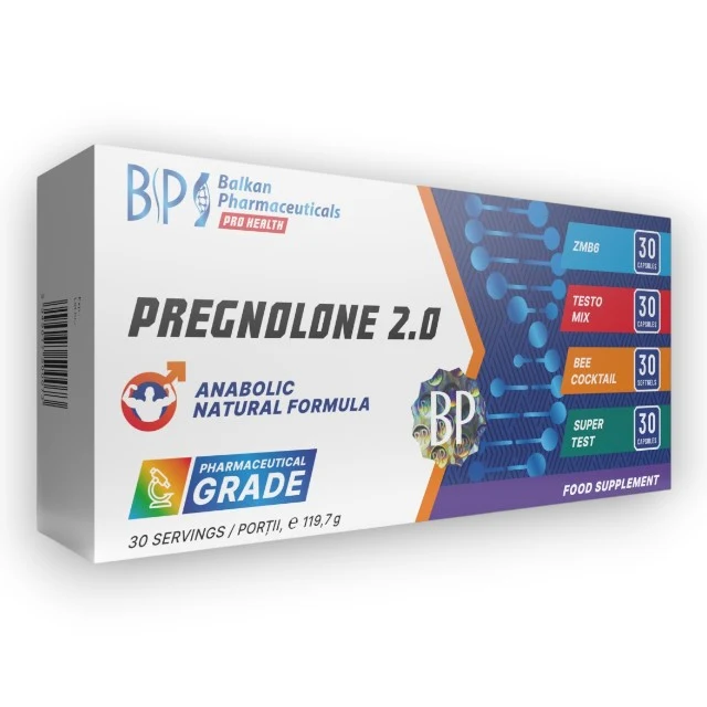 Set capsule BALKAN PHARMACEUTICALS Pregnolone 2.0, cu 4 tipuri de formule pentru testosteron, energie și potență, 120 capsule