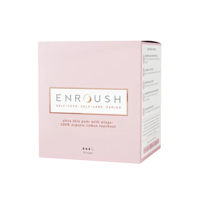 Absorbante ENROUSH Ultra Thin Pads Super, cu bumbac 100% organic, ultra-subțiri, pentru flux mediu, hipoalrgenice, 10 buc