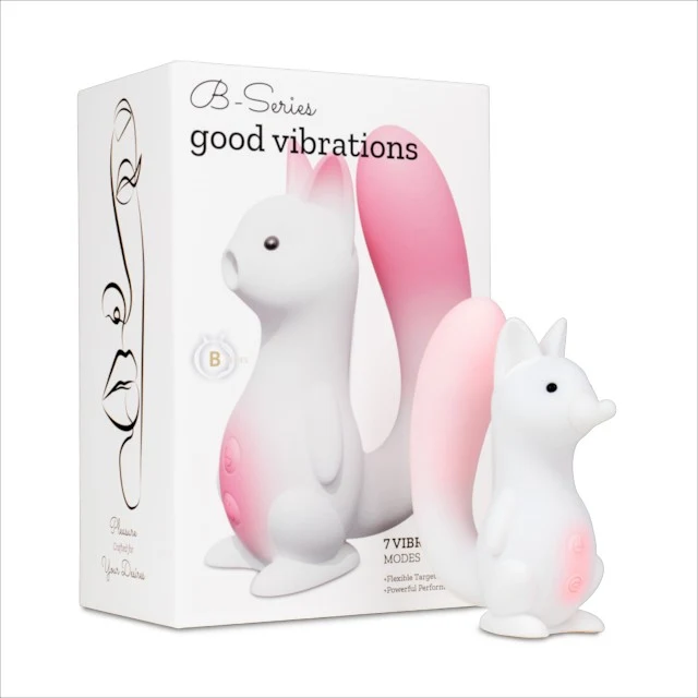 Stimulator clitoris B-SERIES Squirrel Smart Tail, în formă de veveriță, control prin aplicație, 7 funcții de vibrație, 7 tipuri de aspirație, încălzire, alb