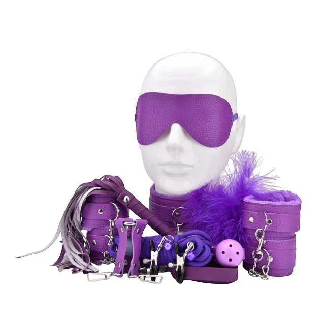 Set 11 accesorii bondage BOUNT TO PLAY Beginner's Bondage Kit, mască, cătuse, bici, frânghie, mască, clești sfârcuri, mov