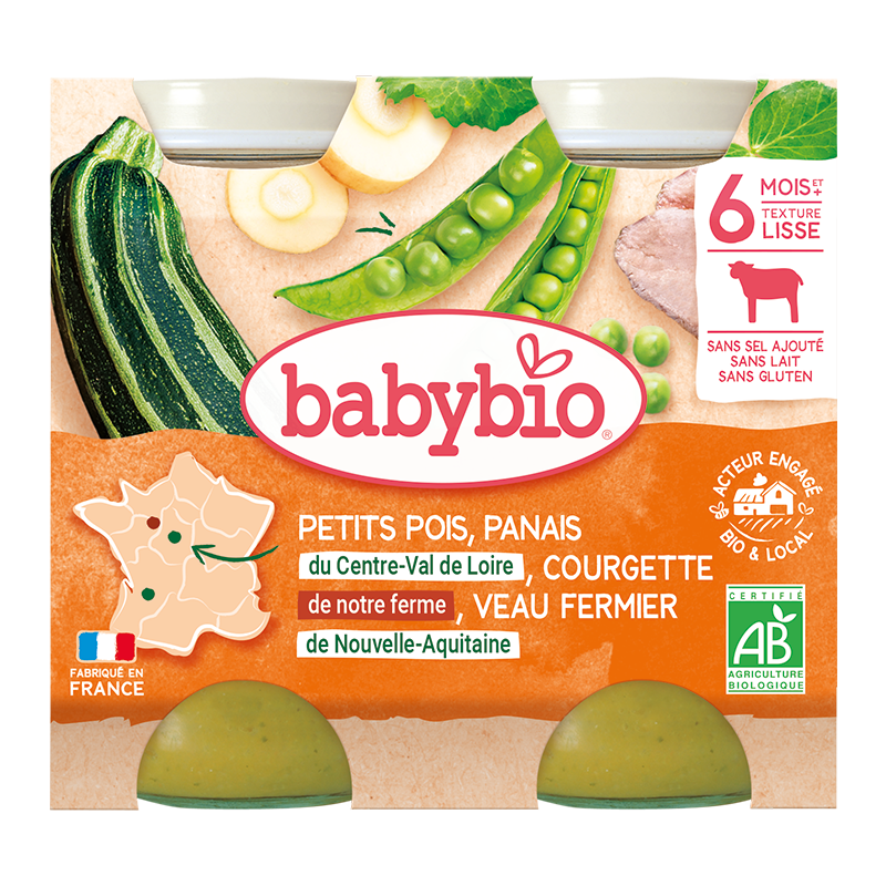 Piure bio din mazare, dovlecel si vitel +6 luni, 2 x 200g, BabyBio