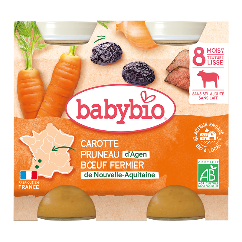Piure din carne de vacuta, morcovi si prune uscate Bio +8 luni, 2 x 200g, BabyBio
