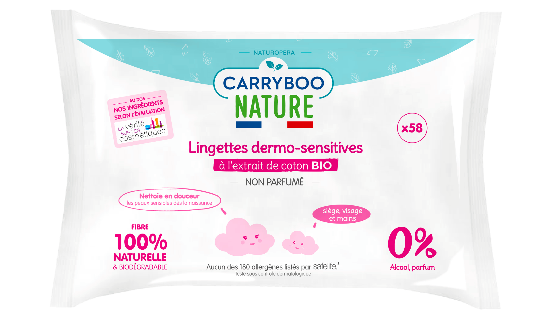 Servetele umede hipoalergenice fara parfum si cu extract de bumbac, 58 bucati, Carryboo