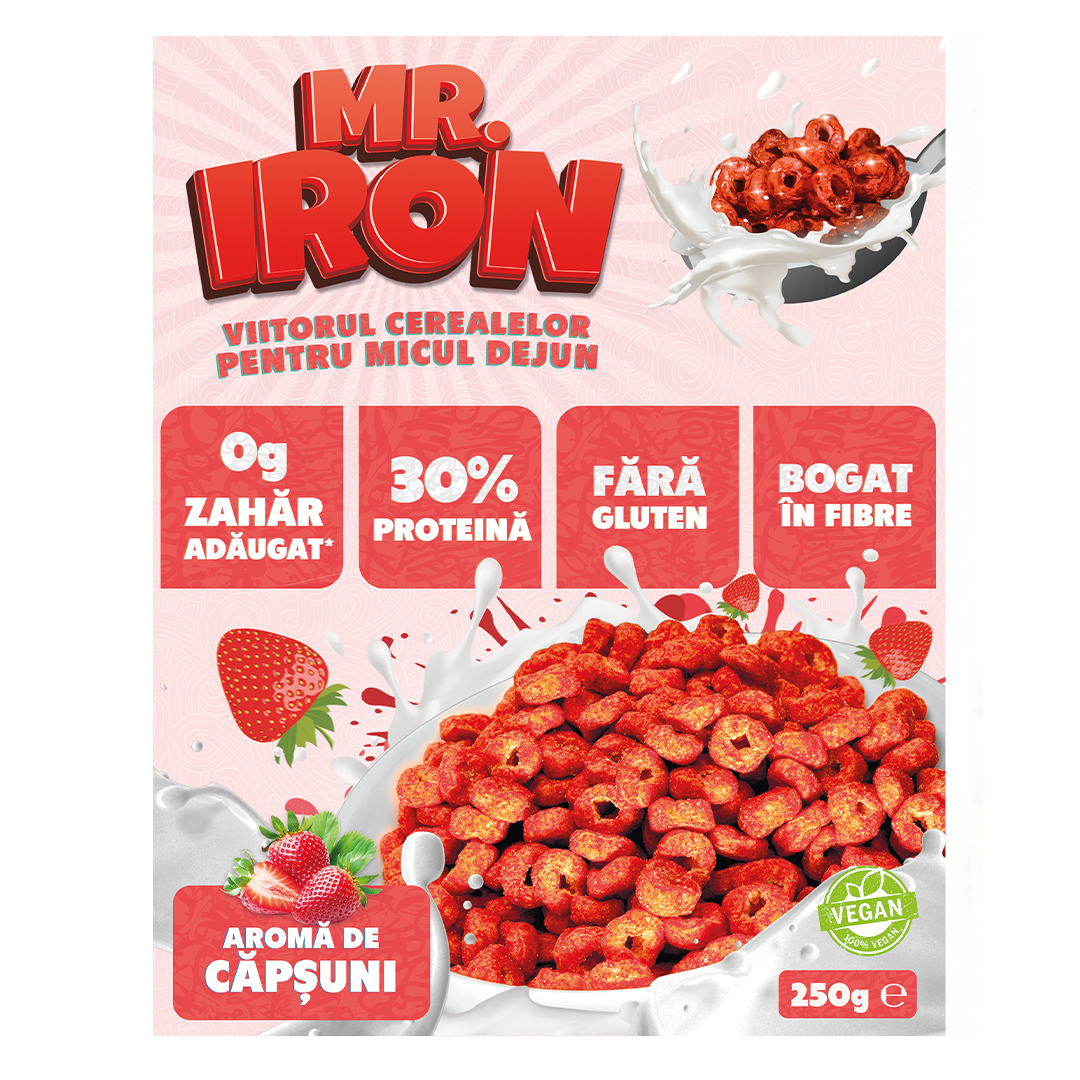 Cereale cu 30% proteina fara zahar low-carb gluten free si vegane Capsuni si Mar, 250g, Mr. Iron