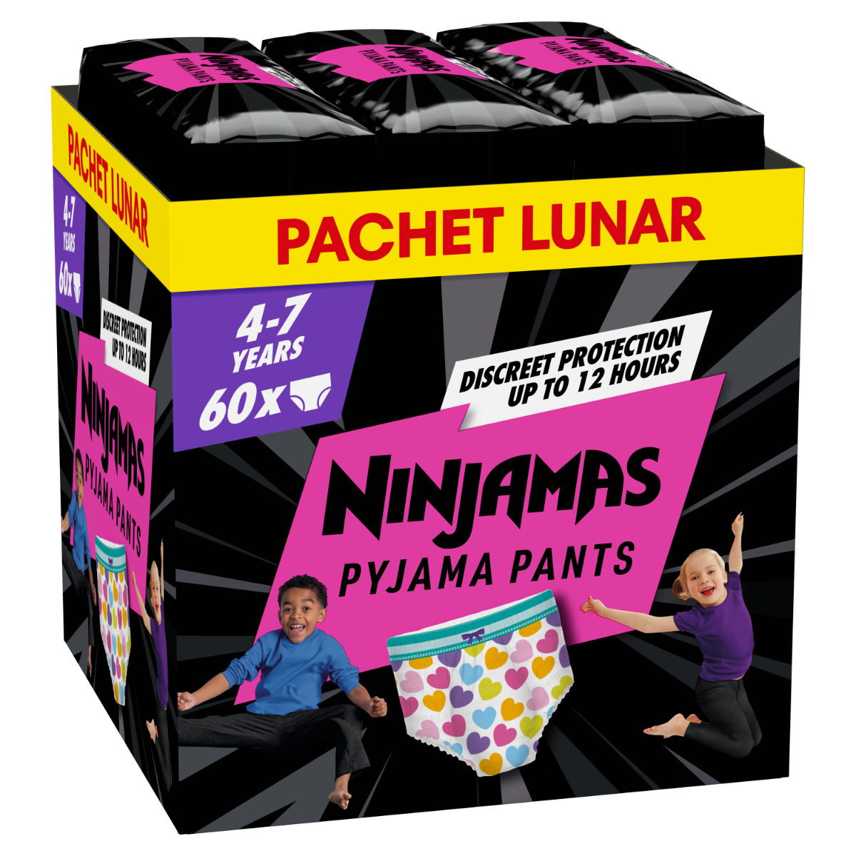 Scutece-chilotel de noapte pentru fetite 4-7 ani 17-30kg, 60 bucati, Ninjamas