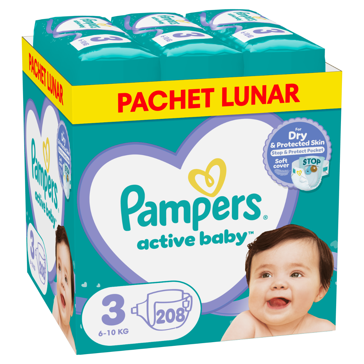 Scutece Active Baby Marimea 3 Midi pentru 6-10 kg, 208 bucati, Pampers