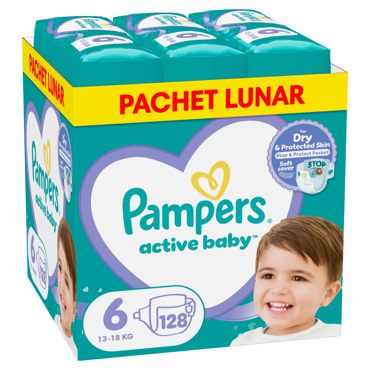 Scutece Active Baby XXL Box Marimea 6 pentru 13 -18 kg, 128 bucati, Pampers