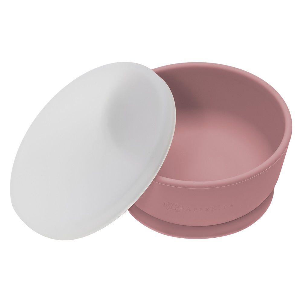 Bol din silicon cu ventuza si capac 6 luni+ Old Rose, 1 bucata, Appekids