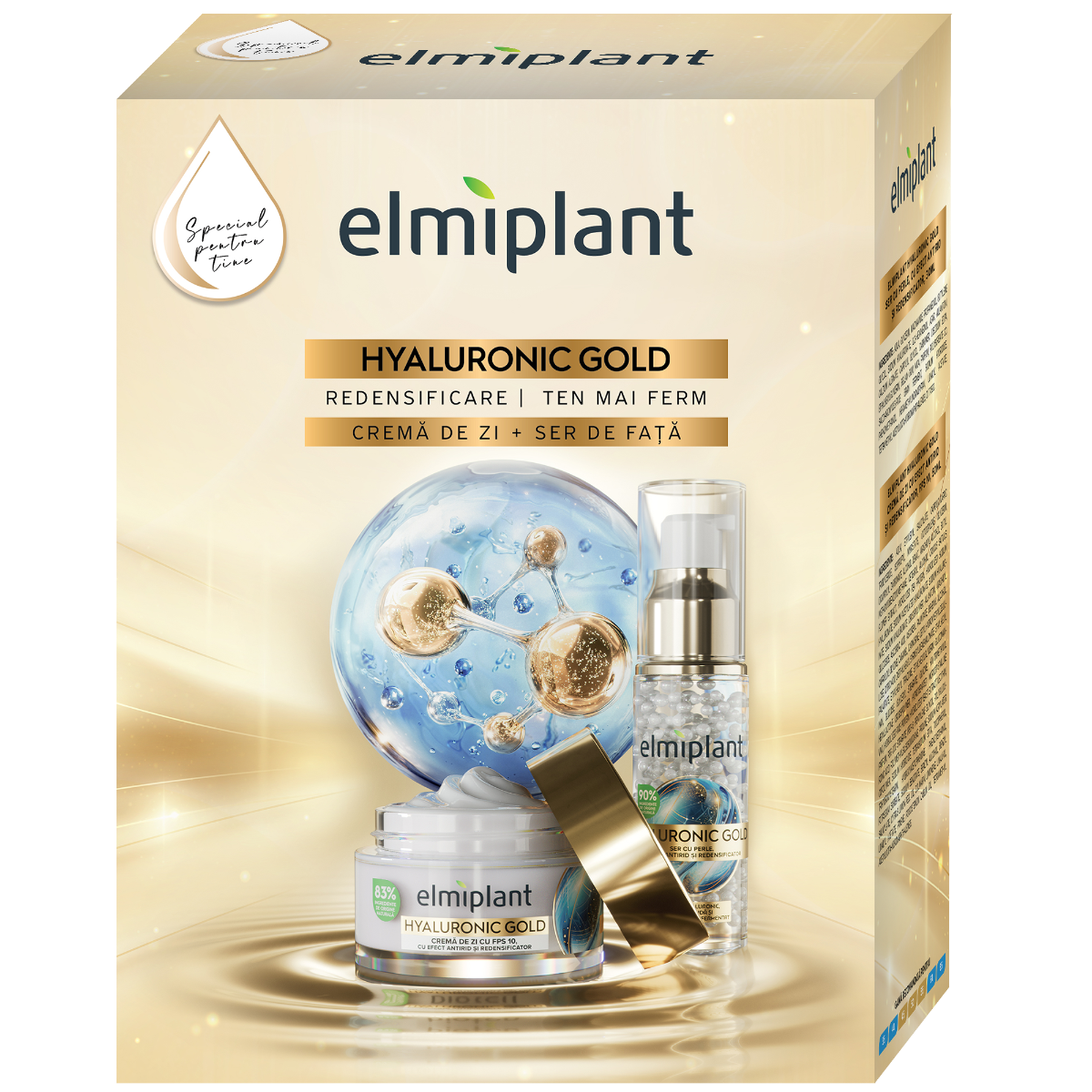 Pachet Hyaluronic Gold Crema de zi 30ml + Ser de fata 30ml, 1 bucata, Elmiplant